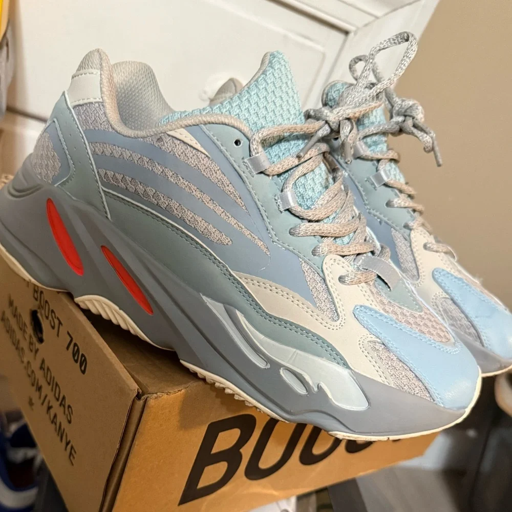 Adidas Yeezy Boost 700 in Light Blue and Gray with Orange Accents - Picture 1 of 3